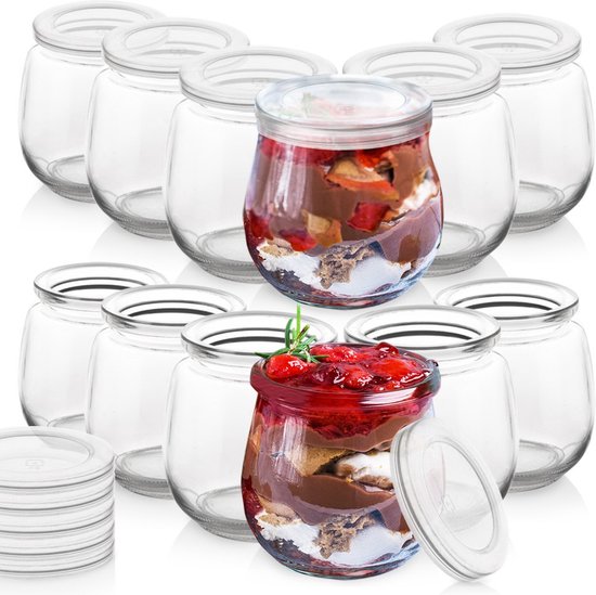 Pot à yaourt et dessert avec couvercle 130 ml 12 pièces - Pot à avoine - Pot à dessert - Tasse à yaourt - Tasse à yaourt et muesli - Pot à déjeuner - Tasse à salade - Salade