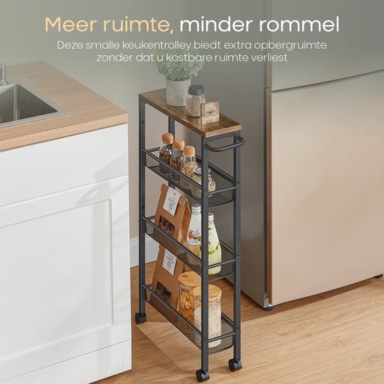 Metalen Opbergwagen Met 4 Laden - Smalle Keukentrolley Met Wieltjes En Remmen (42x20x90 Cm)