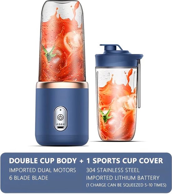 Oplaadbare On-the Go Blender met 2Cups - Krachtige Multifunctionele Blender - Perfect voor Smoothies, Shakes, Fruit en Groentesappen - Inhoud 2Cups: 400ml - Kleur: Blauw van Merkloos — afbeelding 2