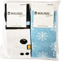 Twee paar MALINSI sokken in verpakking: één paar met sneeuwpop-print, de ander met sneeuwvlokken-print.