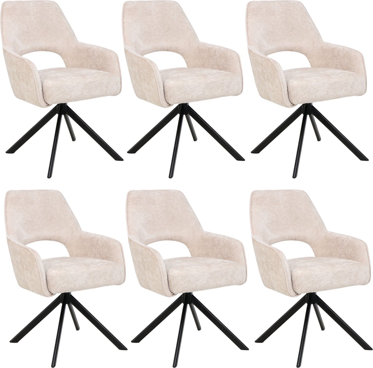 Liam Eetkamerstoel - Beige - Chenille Stof - Set Van 6 - Industrieel Design - Stijlvol en Comfortabel - Metalen Poten