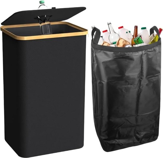 Jukibole Boodflessen, verzamelcontainer, 160 liter, statiegeldflessen, houder met deksel en 2 draagtas, opvouwbare flessenverzamelaar, 2 vakken, organizer voor keuken en bergruimte (zwart