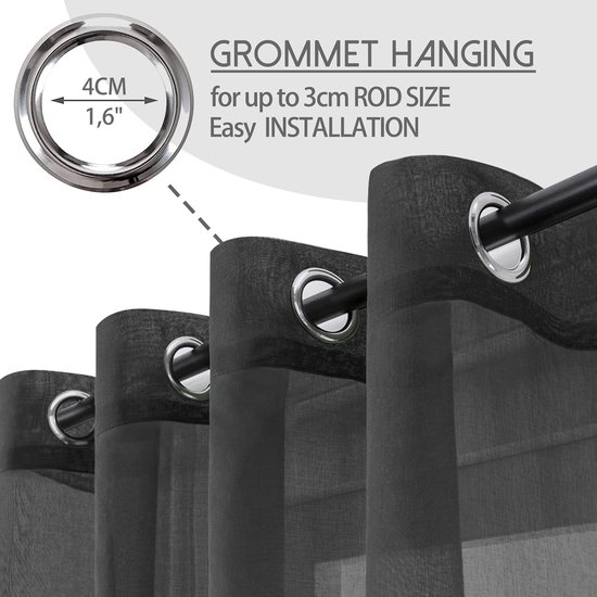 PolkaHome Voilage, tissu voile, semi-transparent, court, avec anneaux perforés, aspect lin, pour salon, chambre à coucher, chambre d'enfant, noir, 160 x 140 cm (hxl), ensemble de 2 pièces