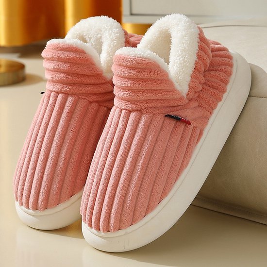 Blauwe gebreide pantoffels met leren zool