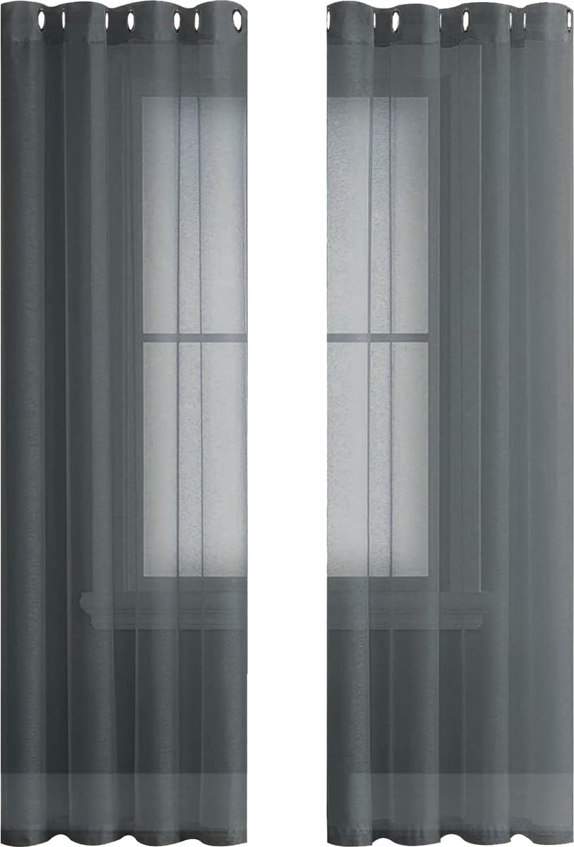 PolkaHome Transparant voilegordijn, 225 cm lang, 2 panelen, linnenlook, met zeilringen, voor slaapkamer, woonkamer, terrasdeur, 140 x 225 cm, grijs (normal grey)
