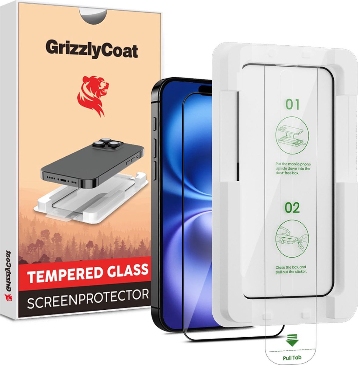 GrizzlyCoat Screenprotector geschikt voor Apple iPhone 16 Plus Glazen | GrizzlyCoat AlignPro Screenprotector - Case Friendly + Installatie Frame - Zwart