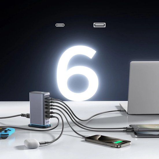 Joyroom 65W oplader laadt 6 apparaten op: laptop, Nintendo Switch, telefoon, AirPods en tablet.