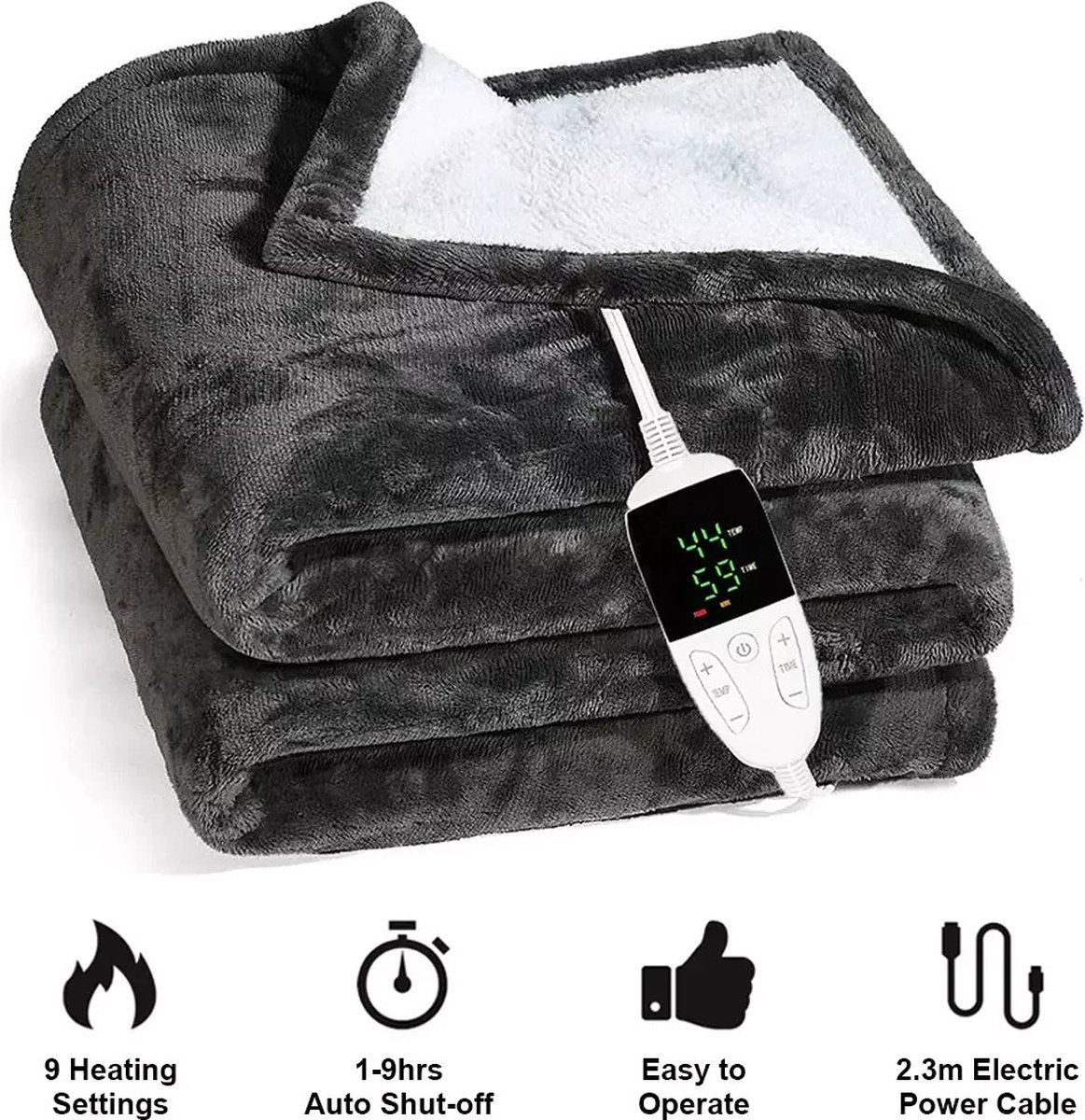 Elektrische deken - Deken voor op de bank - Elektrische omslagdeken - Warmtedeken - Bovendeken - 1 persoons - 130x160 cm - Fleece - Grijs — cadeau in Wonen & Interieur - foto 2