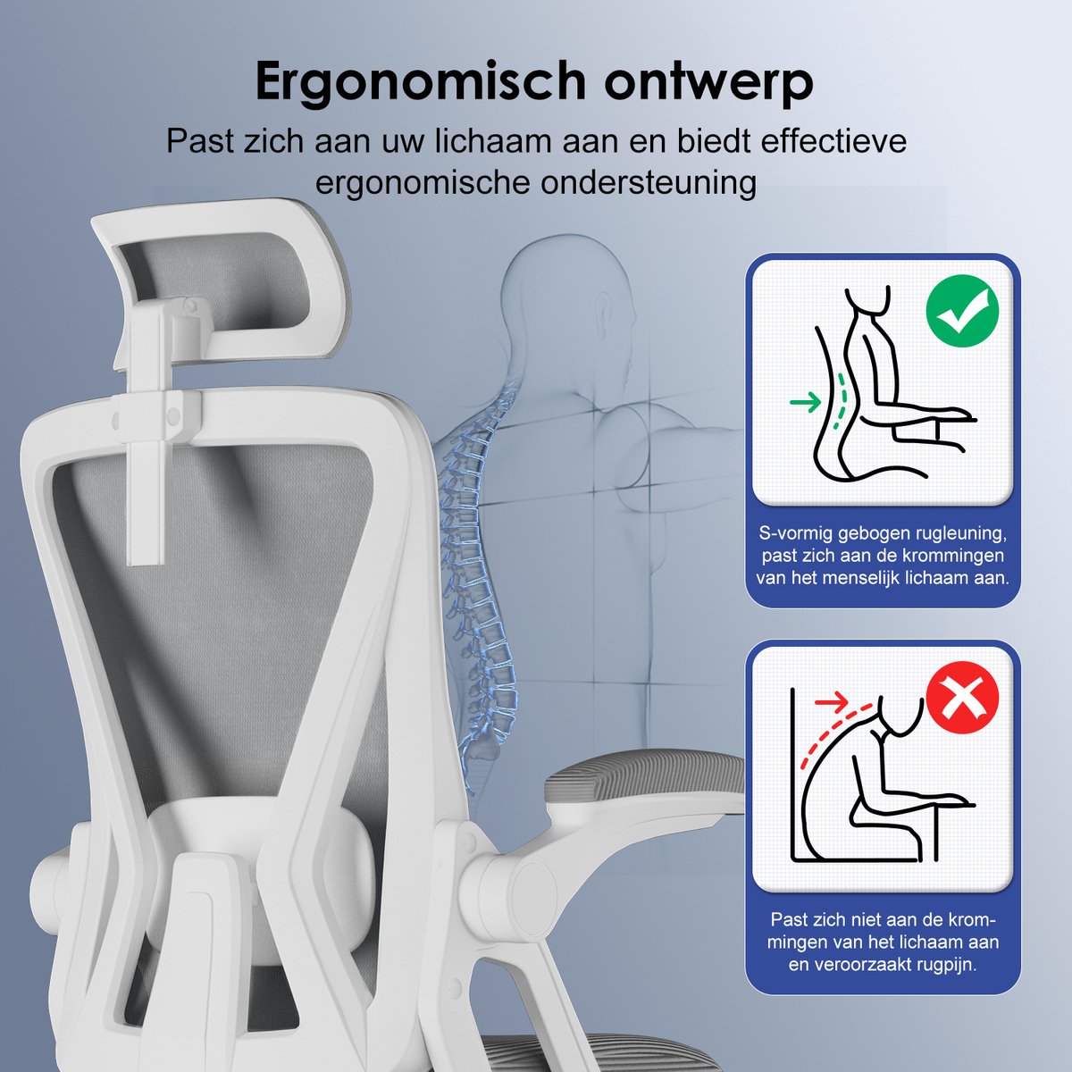 Hiaonyx bureaustoel-ergonomische bureaustoel-bureaustoelen voor volwassenenOpklapbare armleuningen-2D lendensteun-Maximale kanteling 135°-Grijs thumbnail 3