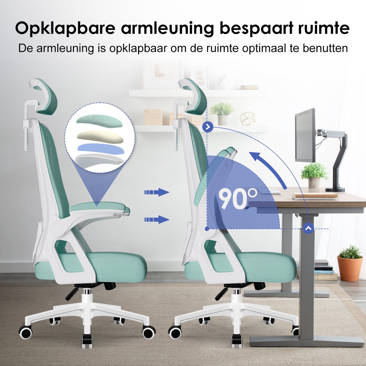 Hiaonyx bureaustoel-ergonomische bureaustoel-bureaustoelen voor volwassenenOpklapbare armleuningen-2D lendensteun-Maximale kanteling 135°-Wit Cyaan thumbnail 6
