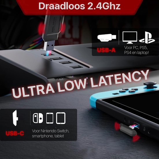 De headset wordt draadloos verbonden via USB-A voor PC/PS/laptop of USB-C voor Nintendo Switch/smartphone/tablet.