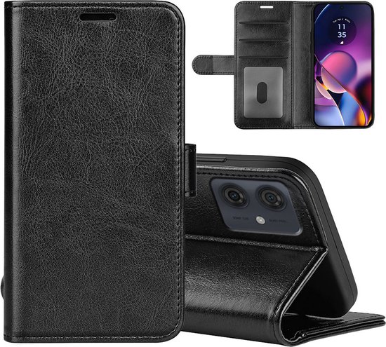 Étui portefeuille noir pour téléphone, ouvert, avec téléphone et fentes pour cartes.