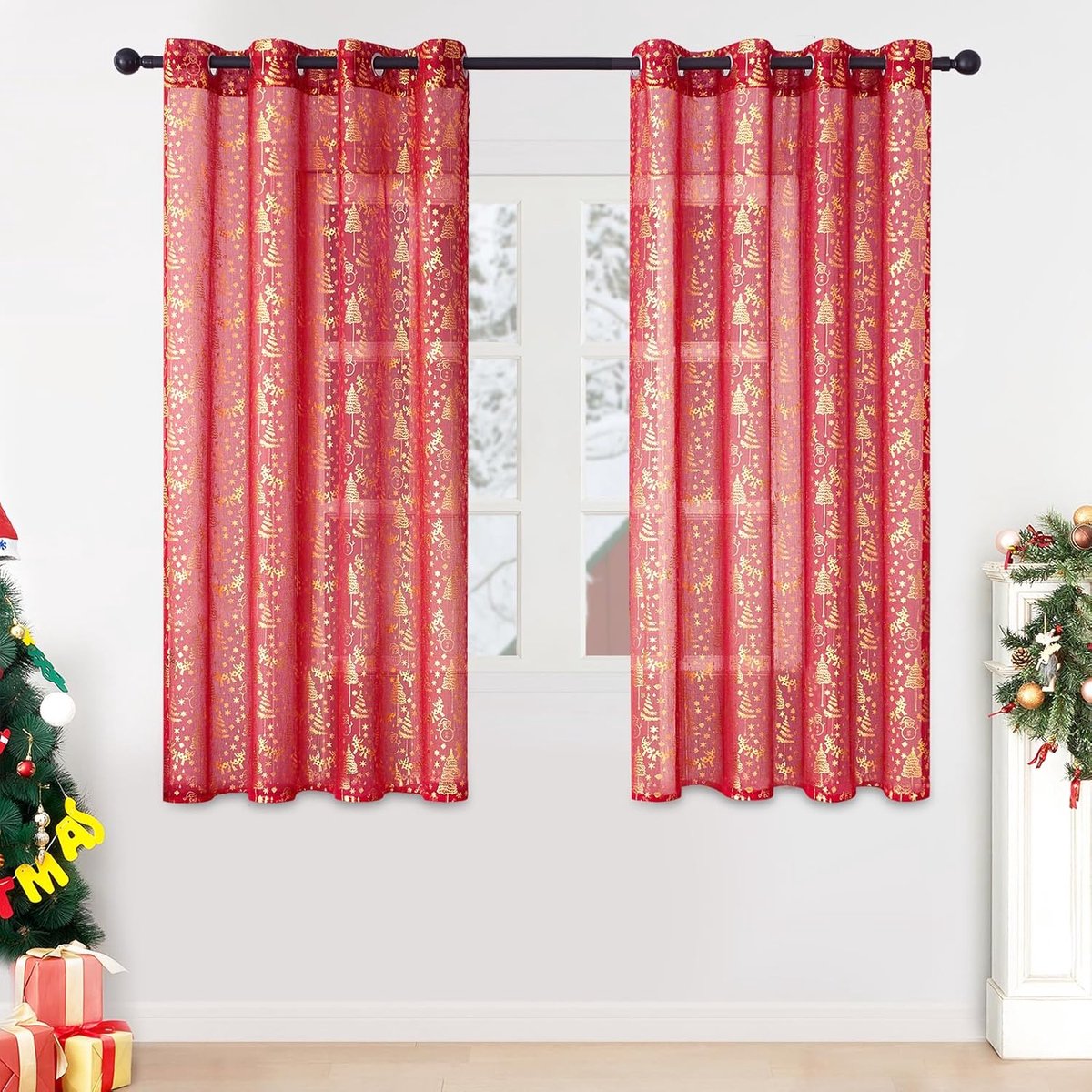 PolkaHome Gordijnen kort, raamgordijn, kerstchaten, rode gordijnen voor woonkamer, stores, gordijnen met inslagringen, transparant met gouden patroon, 137 x 140 cm (h x b), 2-delige set
