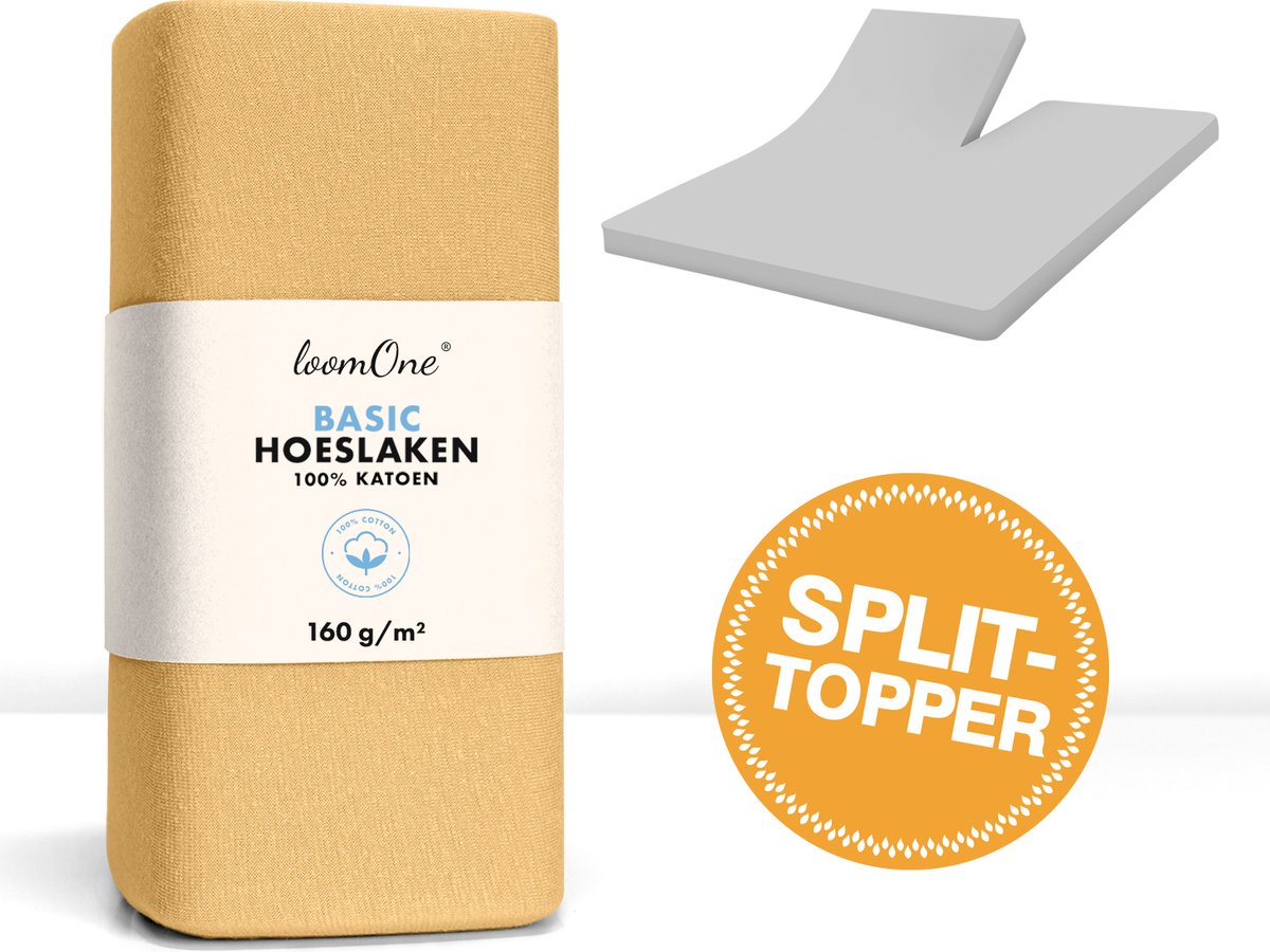 Loom One Hoeslaken Splittopper – 100% Jersey Katoen – 200x200 cm – tot 10cm matrasdikte– 160 g/m² – Beige