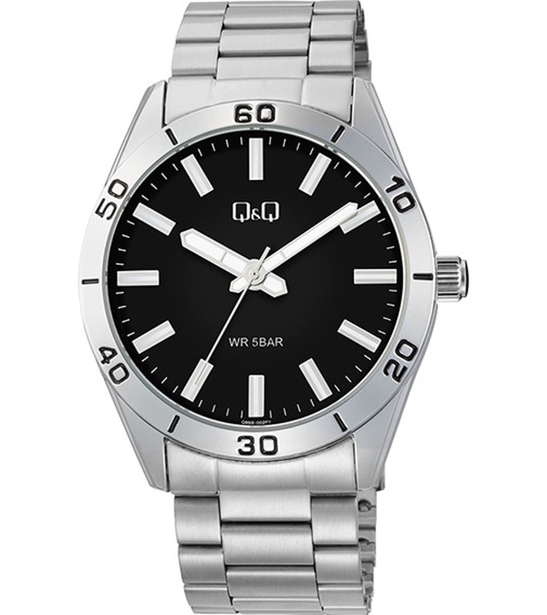 QQ Q86B-002PY - Horloge - Polshorloge - Analoog - Heren - Mannen - stalen band - Metaal - Rond - Cijfers - Strepen - Zilverkleurig - Zwart
