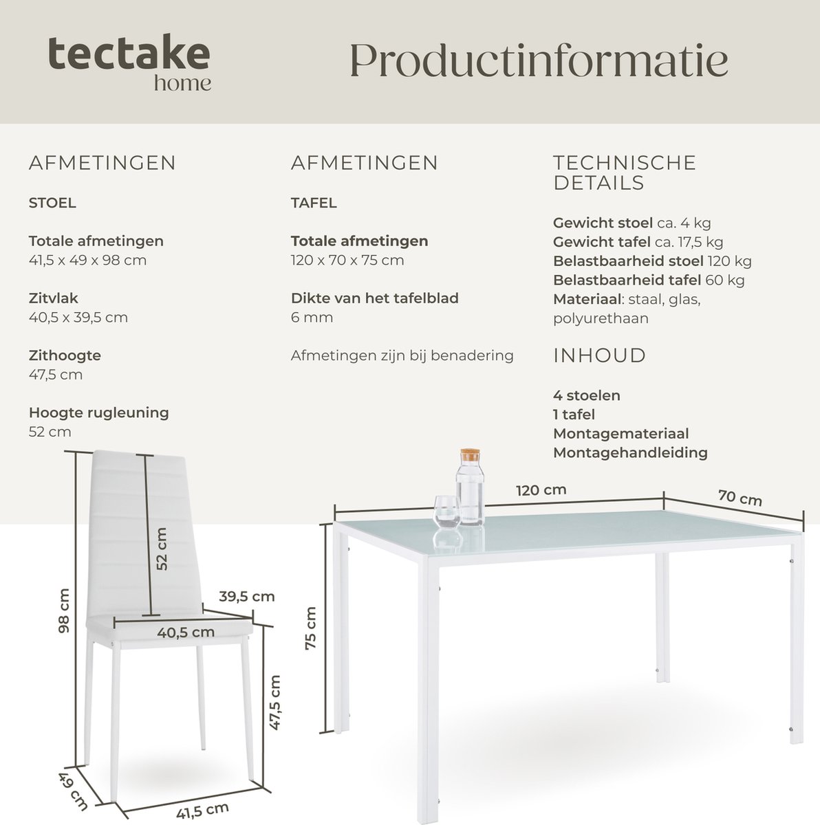 tectake® Eetkamerset met 4 Eetkamerstoelen - Eettafel met glazen blad - 120 x 70 x 75 cm - Eethoek set Tafel en Stoelen - Set van 4 Stoelen met kunstleer - Wit – foto 4