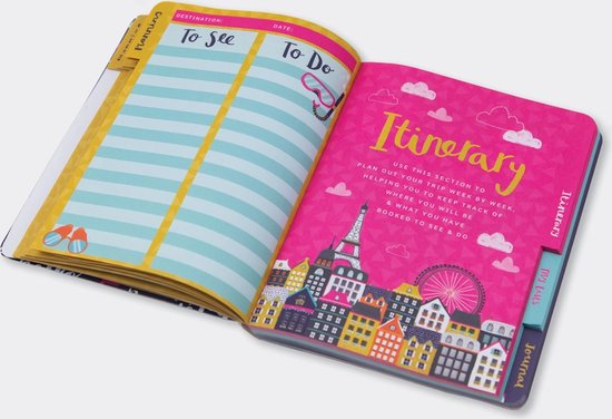 Open reisdagboek met pagina's 'To See' en 'Itinerary'. Eiffeltoren en stadsgezicht illustraties.