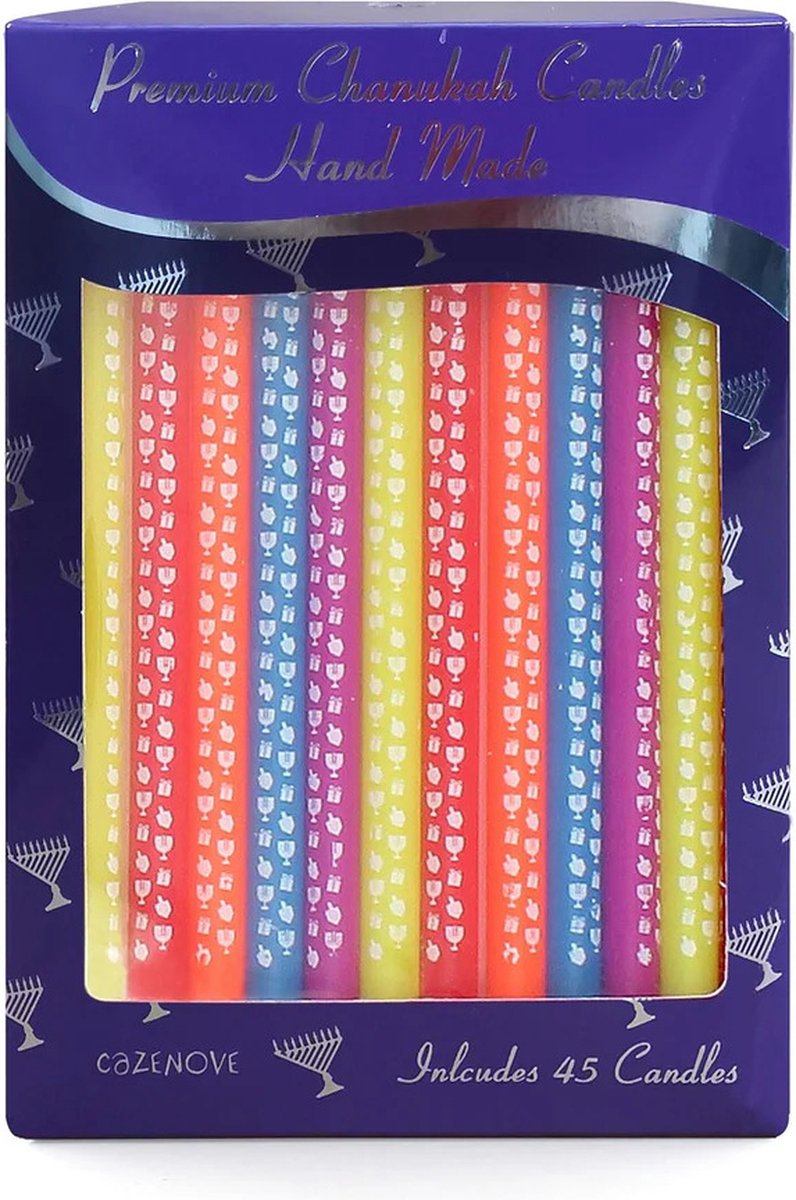 Premium Hanukkah Candles, Multicolour Dreidel Art, 45 Pack, 14cm