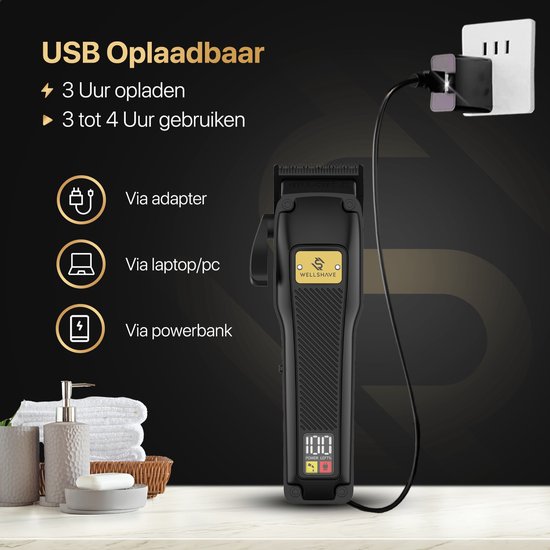 Zwarte USB-oplaadbare tondeuse aangesloten op een stopcontact, met iconen voor opladen via adapter, laptop of powerbank.
