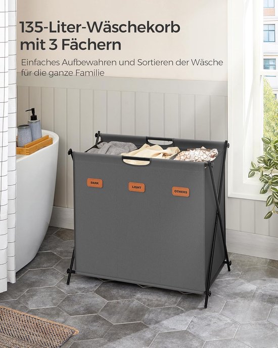 FurnStar - Panier à linge - collecteur de linge - 135 litres - boîte à linge - 3 compartiments - cadre en X pliable - étiquettes individuelles - pour buanderie - chambre - salle de bain - 70 x 40 x 66 cm - gris