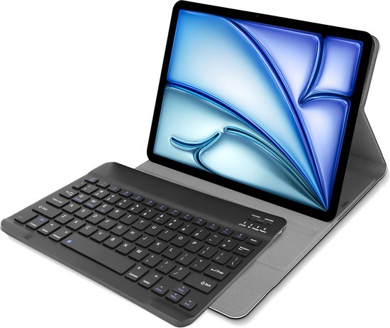 Zwarte tablet case met toetsenbord en een tablet met blauw scherm opgestoken.
