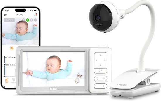 Chillax Care - Giraffe Clip - babyfoon met app en monitor - beste wifi babyfoon volgens Forbes - met app - Full HD 1080p Camera en 5” 720P Video Parent Unit, Privacy Protection Switch, Automatisch dimmende LED, Zwanenhals, 2-weg audio, Night vision