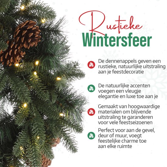 Meisterhome Kerstkrans van 60 cm - Inclusief Ophangbeugel en 50 Warmwitte LED's - Timer - Dennenappels - Kerstkrans met verlichting
