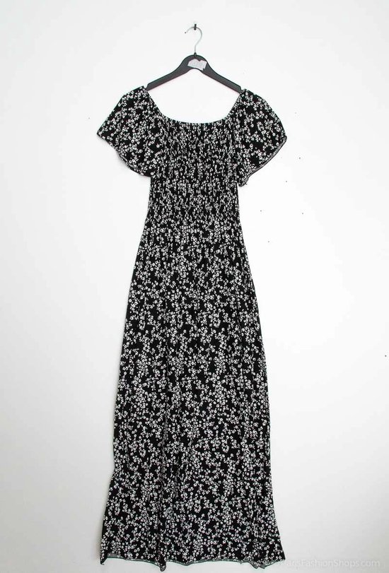 Lange dames jurk Diona gebloemd motief zwart wit Maat M/L