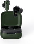 Open groene oplaadcase met twee groene oordopjes, de oordopjes hebben zwarte uiteinden.