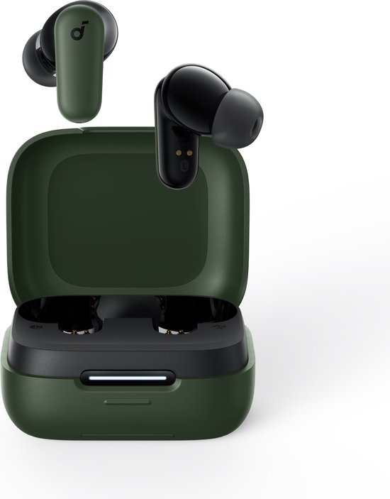Open groene oplaadcase met twee groene oordopjes, de oordopjes hebben zwarte uiteinden.