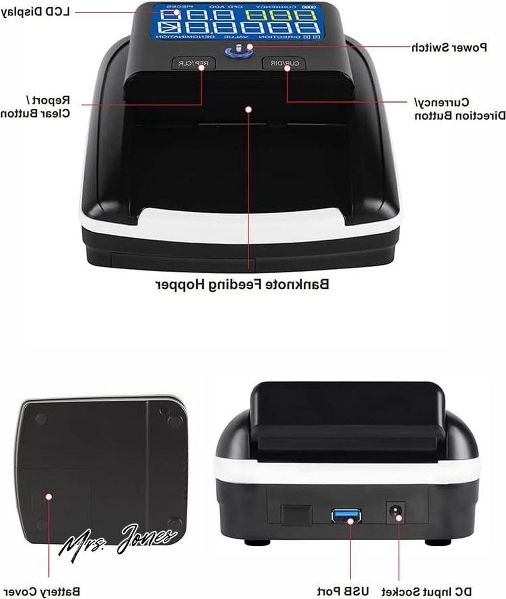 Mrs. Jones Bankbiljettentester en Geldtelmachine 2-in-1 Valutateller Oplaadbare batterij Valse Euro's Dollars Britse Ponden Compact Gebruik Transport .