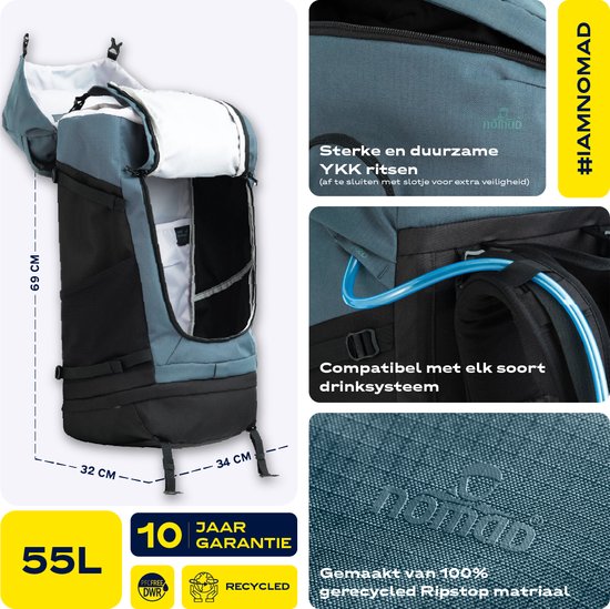NOMAD® Batura 55 litres Blauw | Sac à dos Premium pour femmes et hommes | Randonnée - Sac à dos de trekking avec Flight Bag / Housse