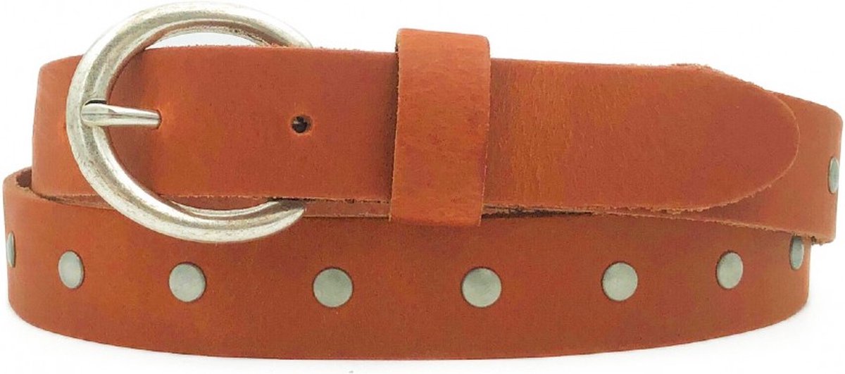 Cognac Leren Riem Zilveren Studs - Trendy Leren Dames Riemen - Maat 105 - Breed 2.5 CM - Chique - Cognac