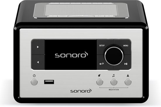 Zwarte Sonoro smart radio met zilverkleurig display en bedieningspaneel, met de Sonoro logo's.