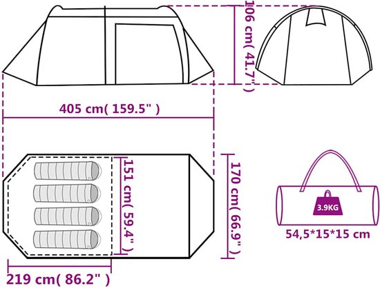 vidaXL - Tunneltent - 4-persoons - waterdicht - blauw