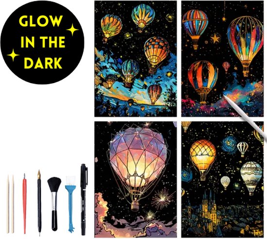 Glow in the Dark Scratch Art 4x A4 Deluxe Set | Incl. 7 Tools | Kinderen en Volwassenen | Magic Kras Tekeningen Kraskaarten Krasfolie Kraskaart | Knutselen Tekenen | Painting Schilderen op Nummer Diamond Painting | Knutselpakket Tekenpakket