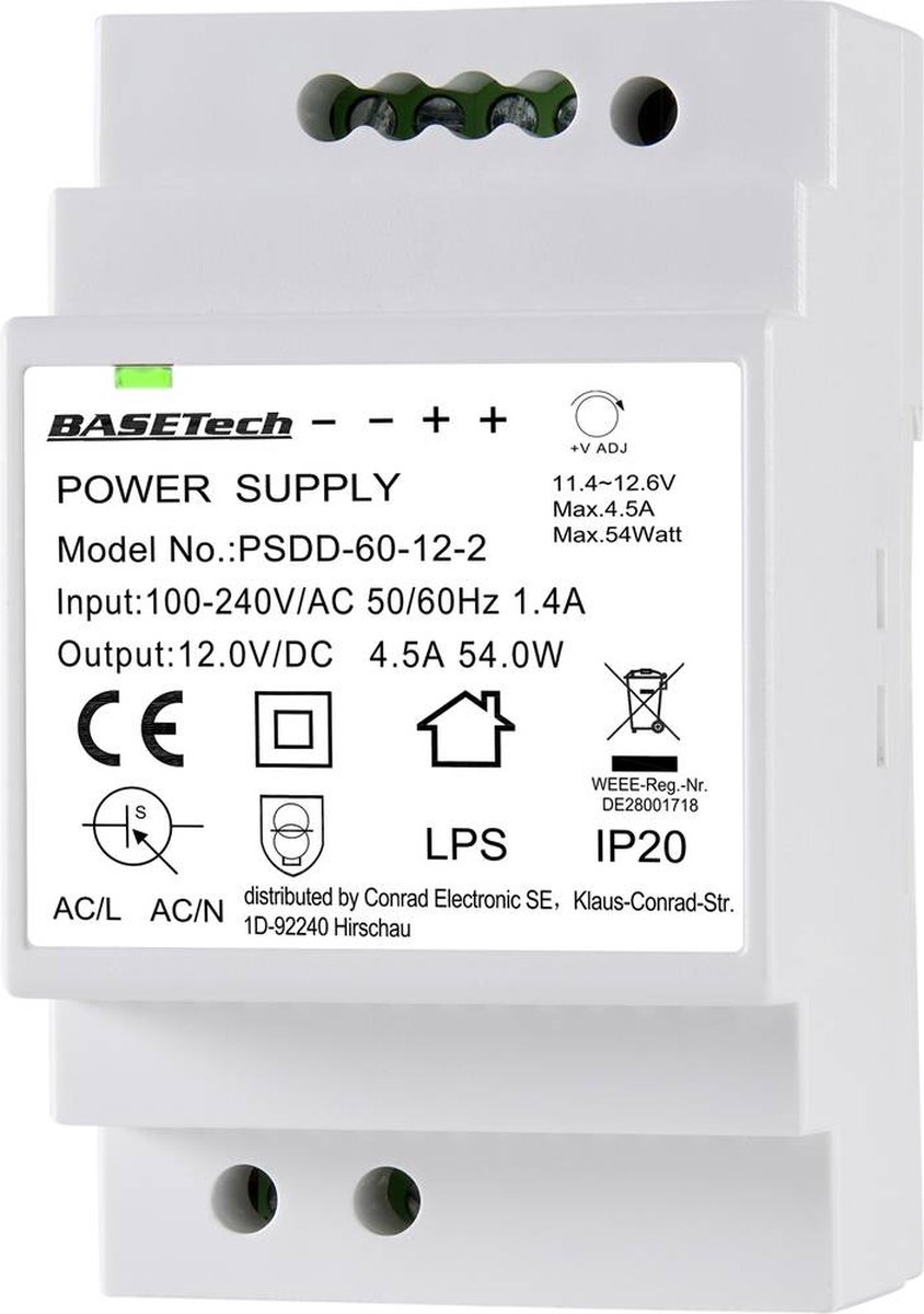 Basetech BT-2250320 DIN-rail netvoeding 12 V 4.5 A 54 W Aantal uitgangen:2 x Inhoud 1 stuk(s)