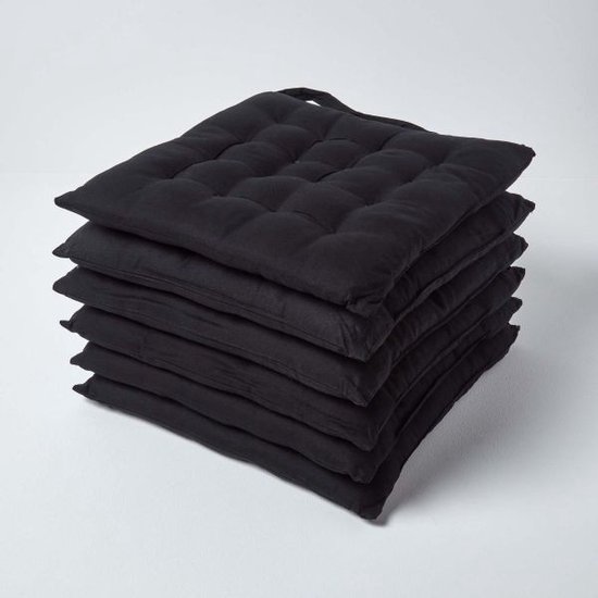 Ensemble de six coussins de chaise noirs matelassés en coton, 40x40 cm, avec des boucles.