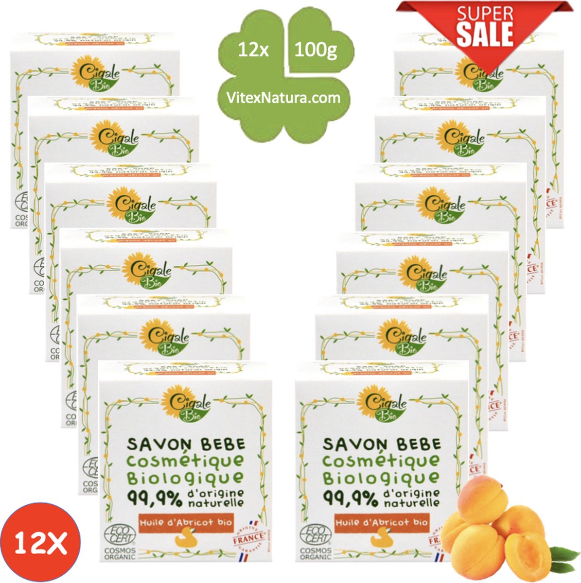 Goedkoopste Baby zeep met abrikozen olie | 12x100g | Biologisch Hypoallergeen | Voor de gevoelige huid | Verlichtend voor eczeem | Cigale bio