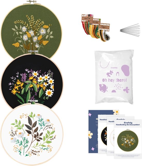 Crafsly borduurpakket met bloemen en planten – Borduurset van 3 - Borduurpakketten volwassen & kinderen – Hobby en Creatief – DIY – Inclusief Nederlandse handleiding en voorbedrukte stof – Bamboe borduurringen