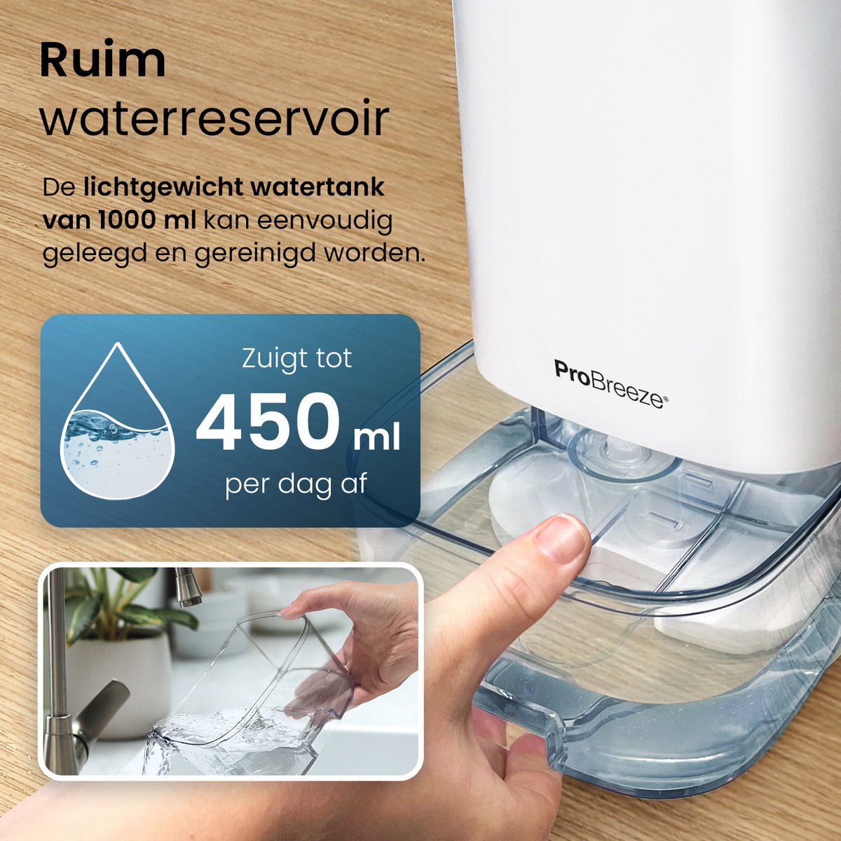 Pro Breeze 1000 ml Luchtontvochtiger, Automatische Uitschakeling, LED Verlichting - Dehumidifier - Schimmel en Vocht Verwijderen in de Slaapkamer, Badkamer, Garage of Kelder thumbnail 3