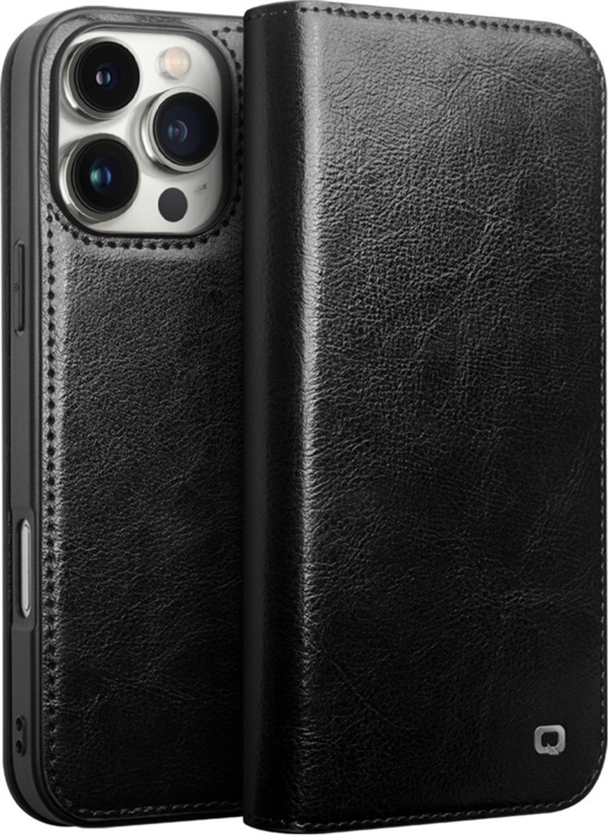 Qialino Geschikt voor iPhone 16 Pro Max hoesje - Leren bookcase - Zwart