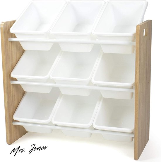 Madame Etagère Jones pour chambre d'enfant avec 9 bacs de rangement pour ranger les speelgoed , naturel et blanc.