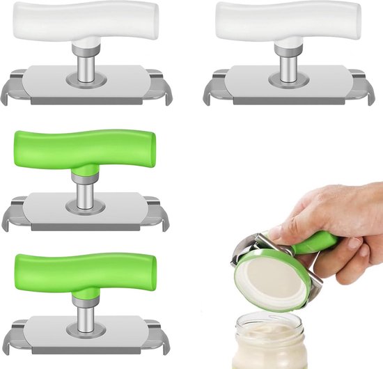 Vier potopeners: twee met witte handvatten en twee met groene handvatten. Een groene opener wordt getoond die een pot opent.