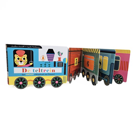 Gekleurd kartonnen kinderboek 'De teltrein', geopend met een leeuwen machinist en diverse wagonnetjes met cijfers.