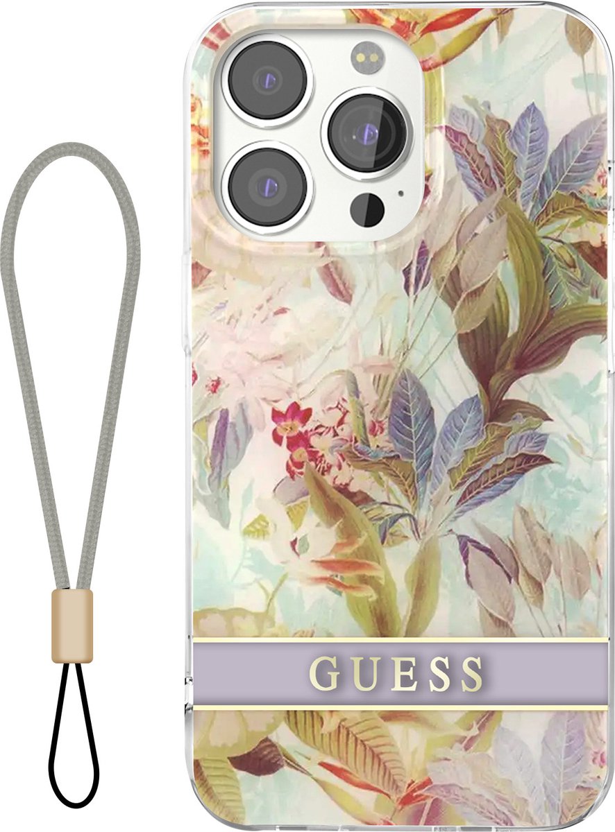 GUESS, Hoesje Geschikt voor Apple iPhone 13 Pro Bloemen met nylon riem, Lavendel