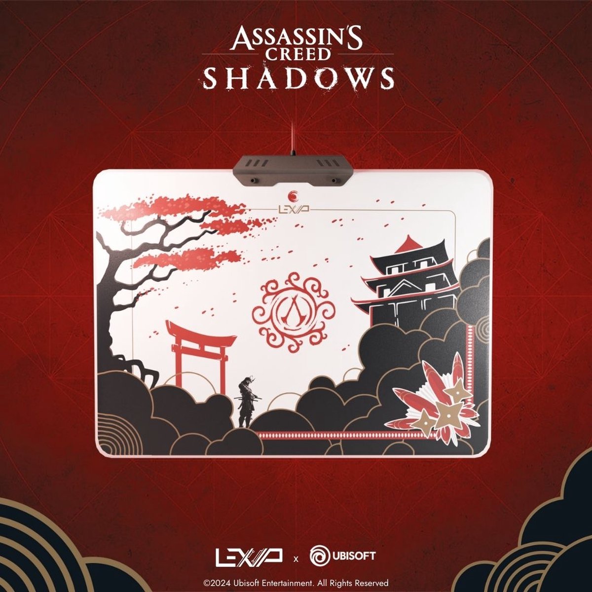 LEXIP X UBISOFT - Assassin's Creed Shadows - Harde Gaming Muismat - 35 cm x 28 cm - Exclusief AC Shadows design - Instelbare verlichting in rand - wit, rood, zwart