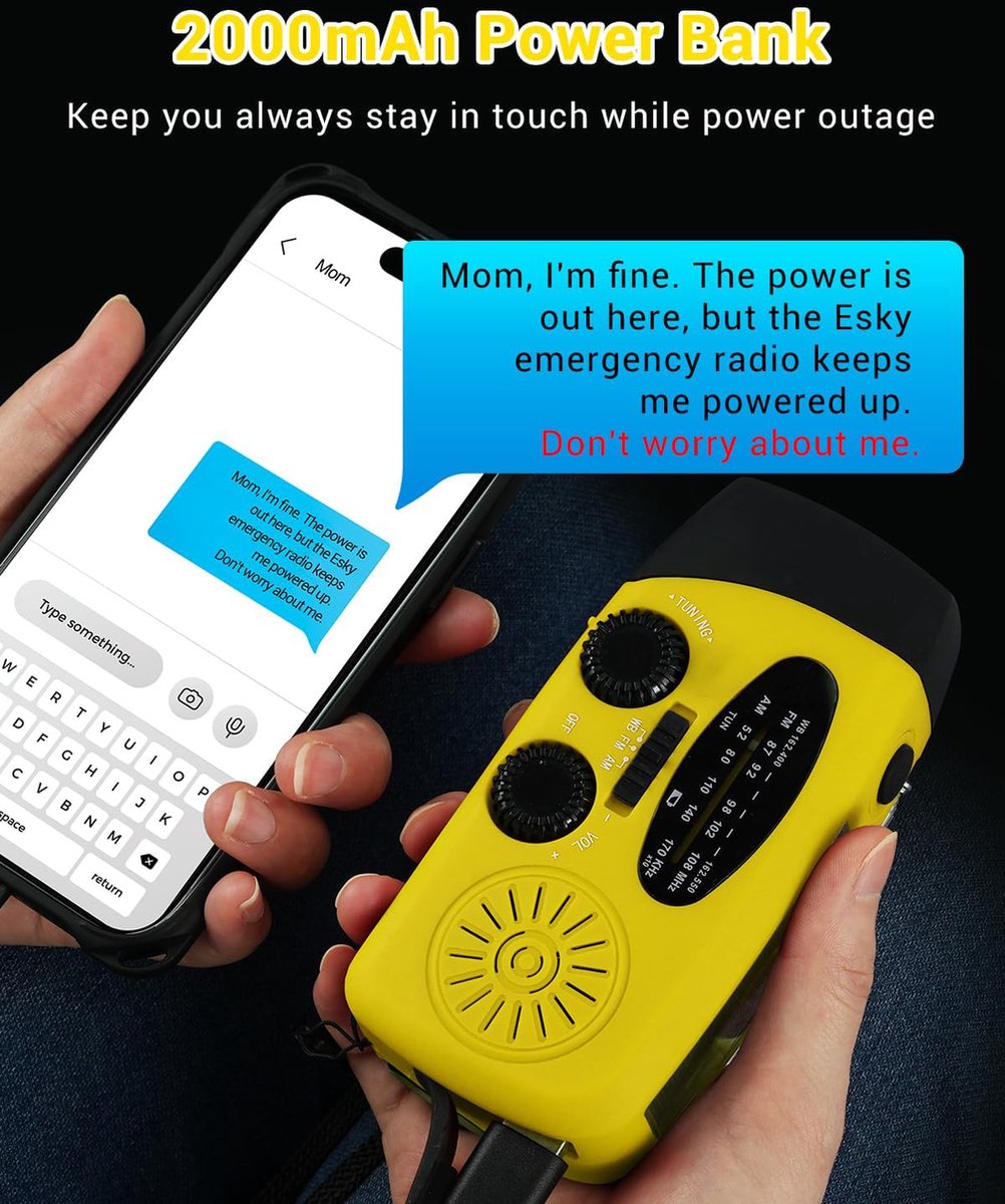 Draagbare handslinger noodradio met zonne-oplader 2000mAh oplaadbare powerbank voor noodgevallen LED-zaklamp SOS-alarm (geel) – foto 4
