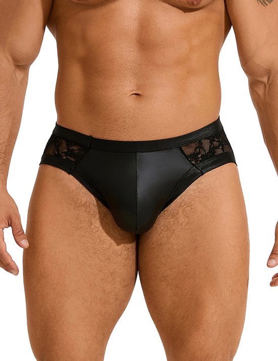 Slips sexy pour hommes en cuir PU et dentelle - taille L / XL - BDSM - sous-vêtements sexy en cuir PU noir pour hommes - sous-vêtements en latex pour hommes hommes érotiques