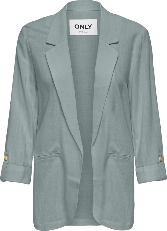 Lichtblauwe Only blazer met open voorkant, 3/4 mouwen en gouden knopen op de mouwen.